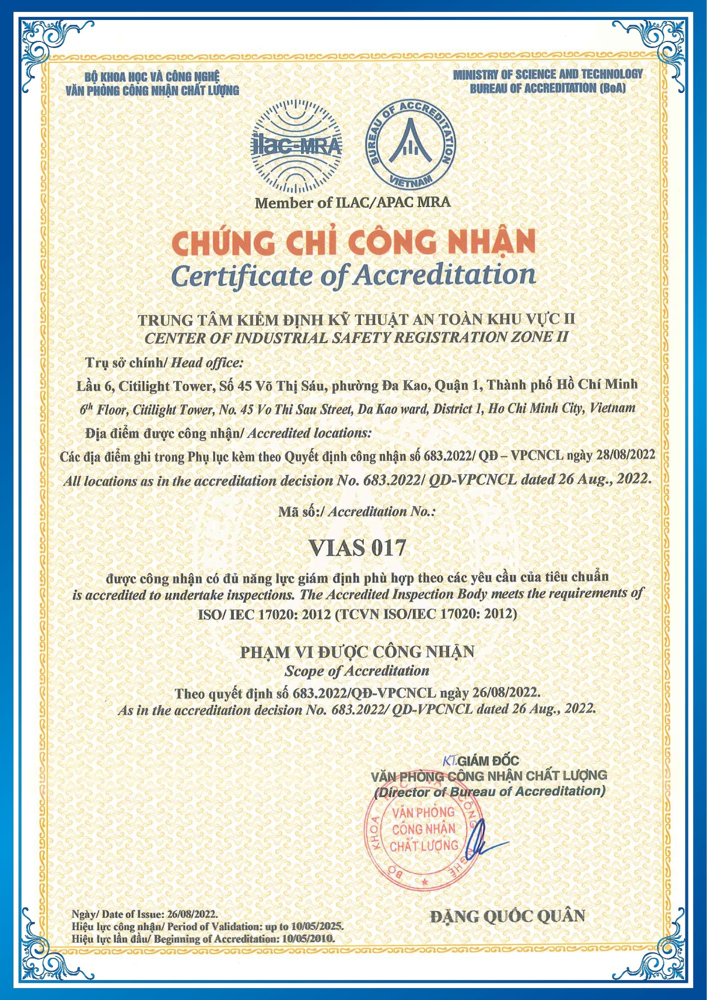 Chứng chỉ và Quyết định công nhận ISO 17020:2017 (VIAS 017) - Hiệu lực đến 10/05/2025