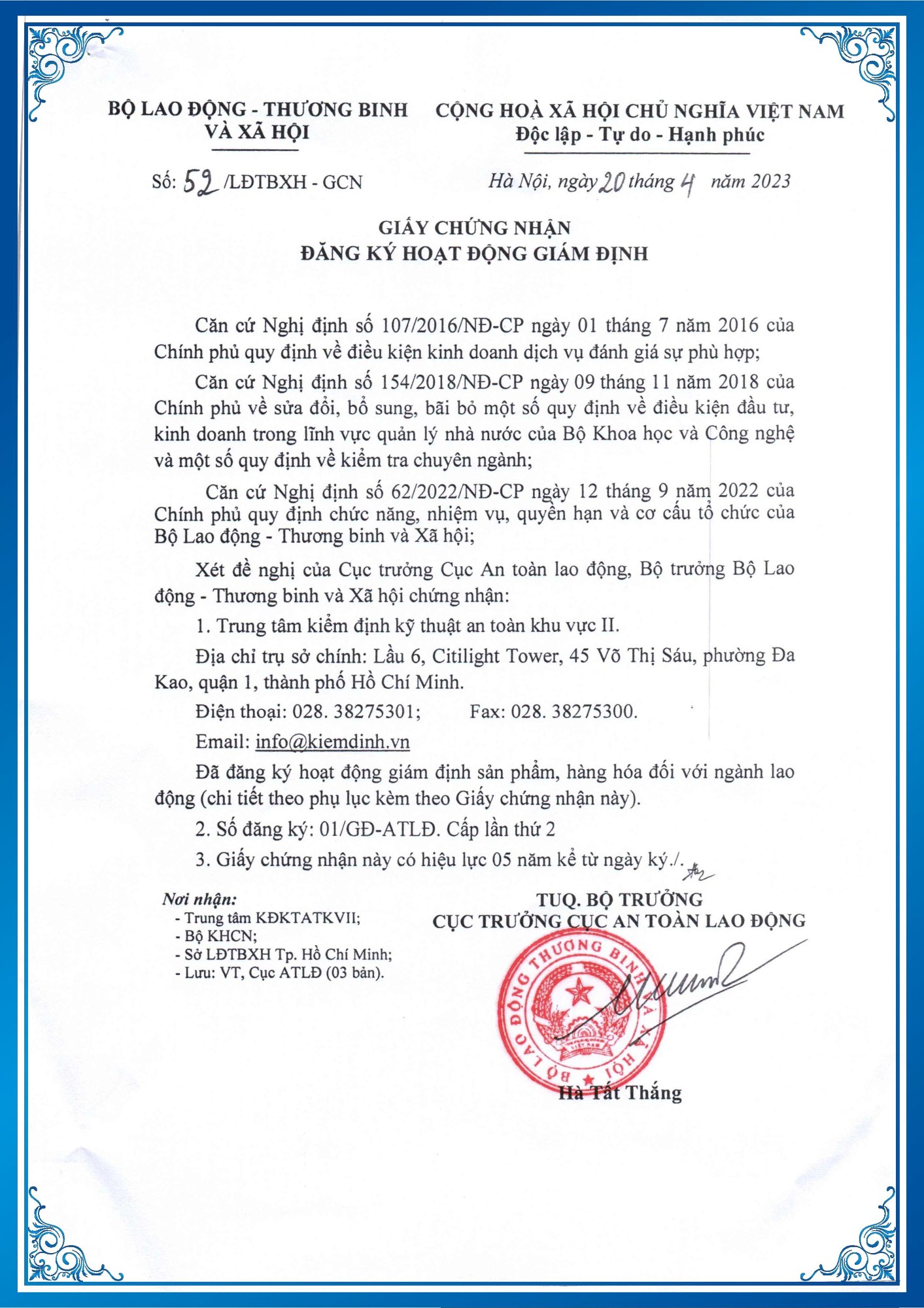 Giấy chứng nhận số 52/LĐTBXH-GCN (20/4/2023) Đăng ký hoạt động giám định
