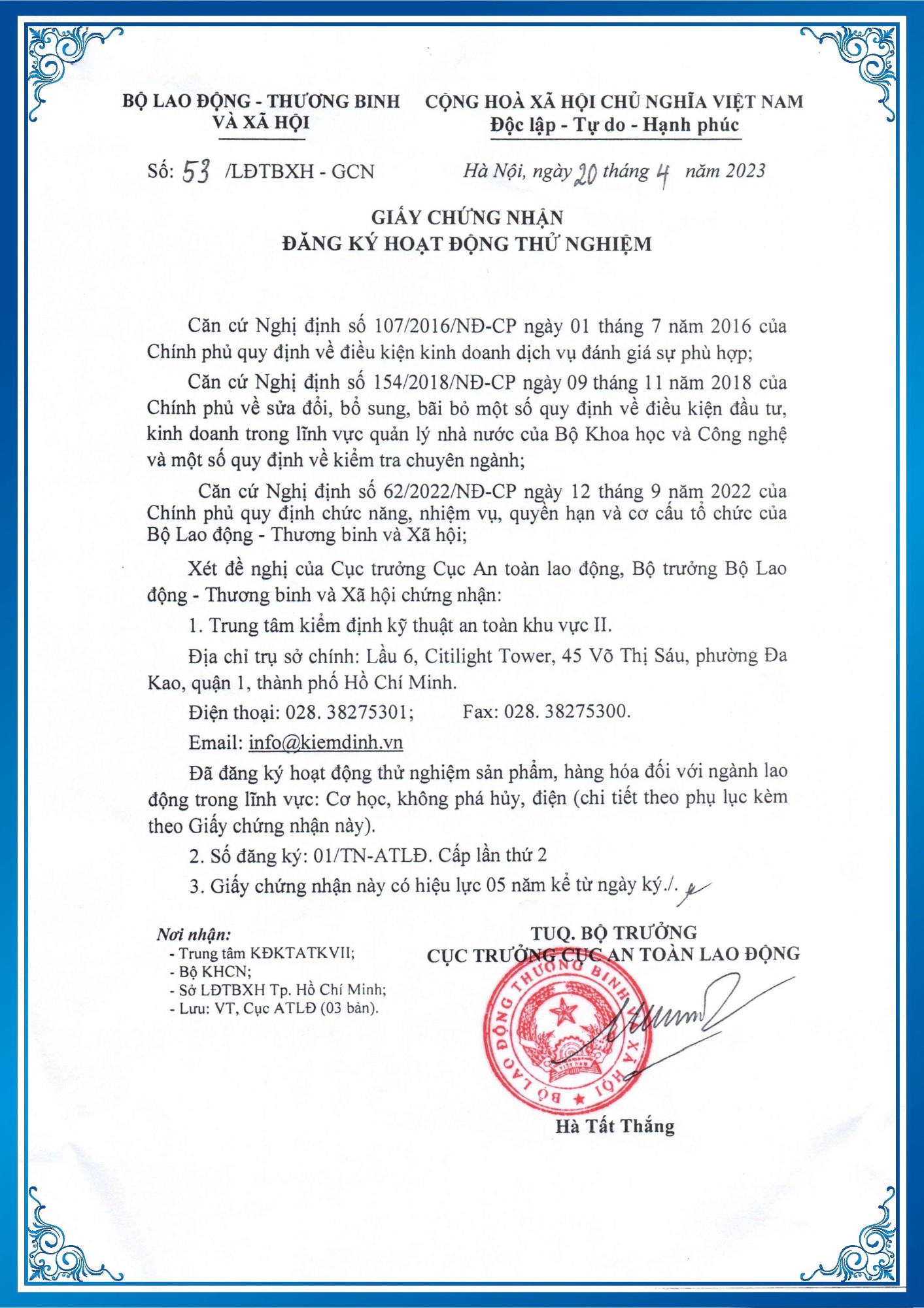 Giấy chứng nhận số 53/LĐTBXH-GCN (20/04/2023) Đăng ký hoạt động thử nghiệm